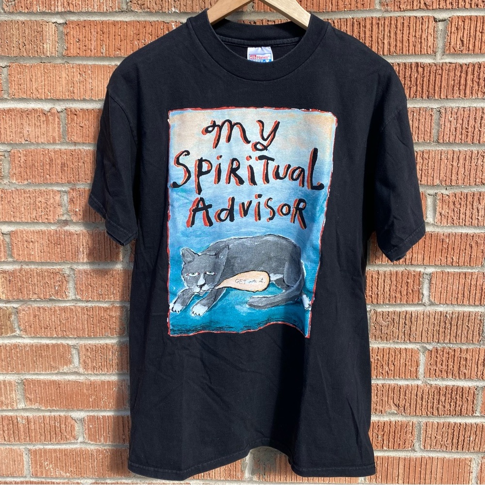 Vintage 1990s Fred Babb Art Tee Cat My Spiritual Advisor Large Black